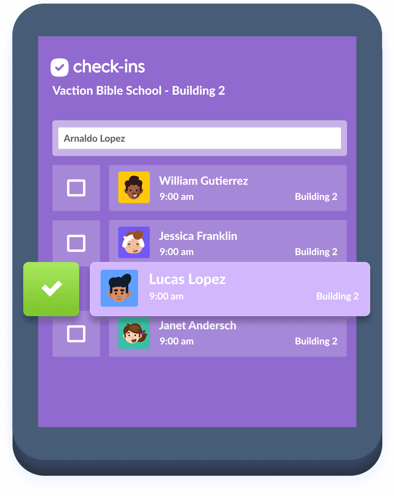 Illustration of simple interface of Planning Center Check-ins of a check-in station