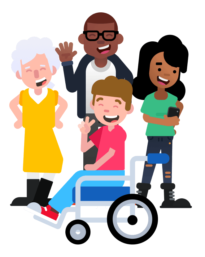 Three smiling adults standing next to a smiling boy in a wheelchair.