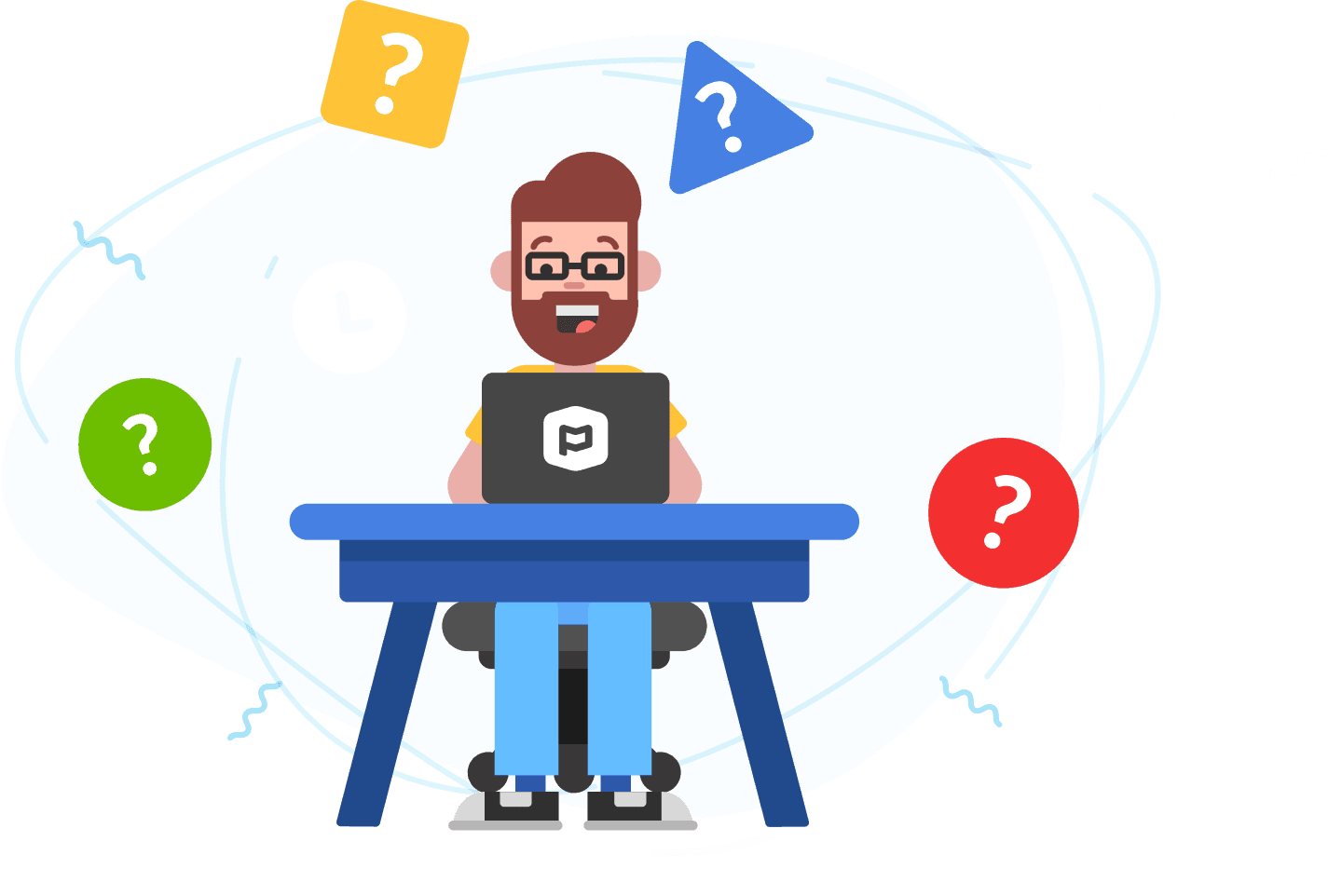 A bearded man with glasses sitting at a desk typing on a laptop with question marks floating above him.