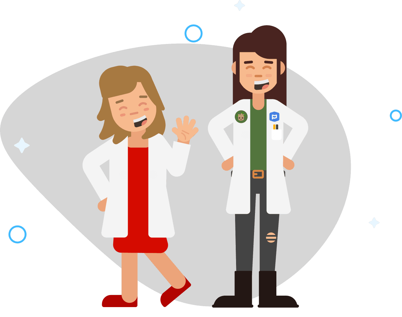 Two smiling women standing together wearing white lab coats.