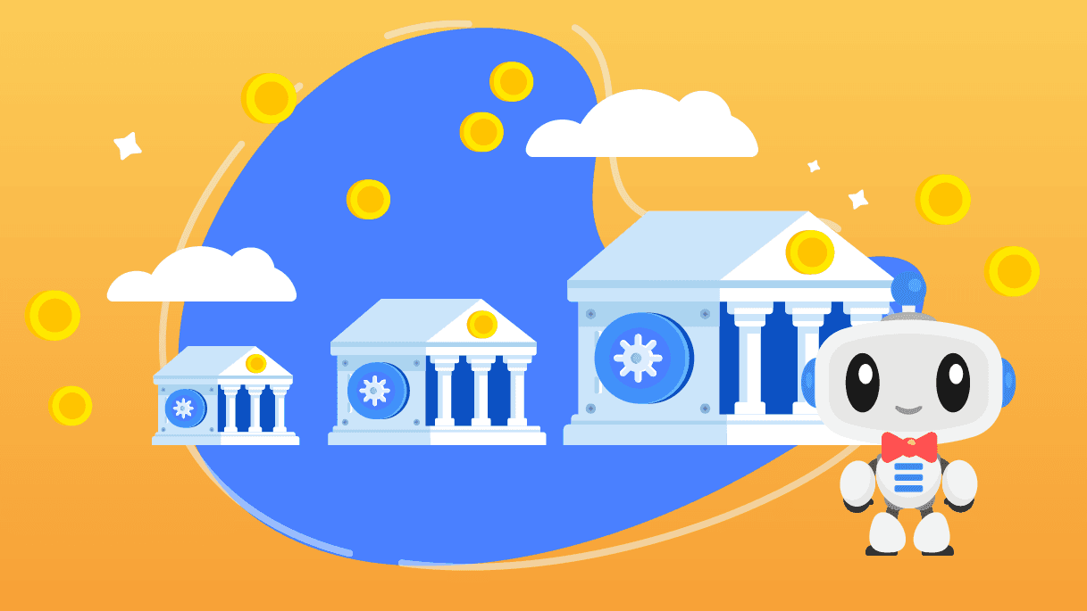 Three illustrated banks each different in size with a robot in a bowtie next to them.