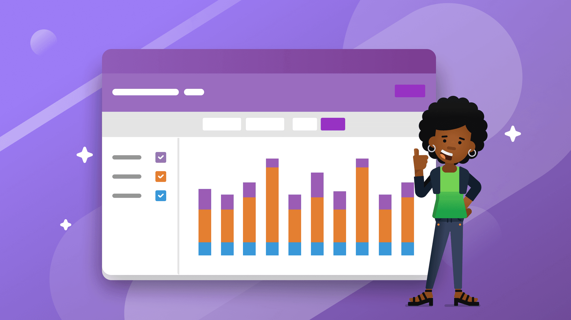 An illustrated woman giving a thumbs up standing next to a dashboard with a bar graph.