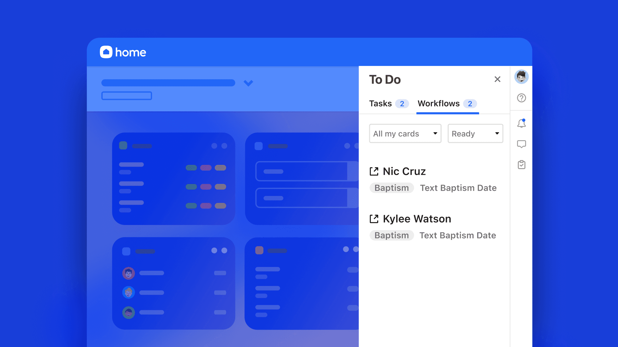 The toolbar in Planning Center home displaying two workflow cards.
