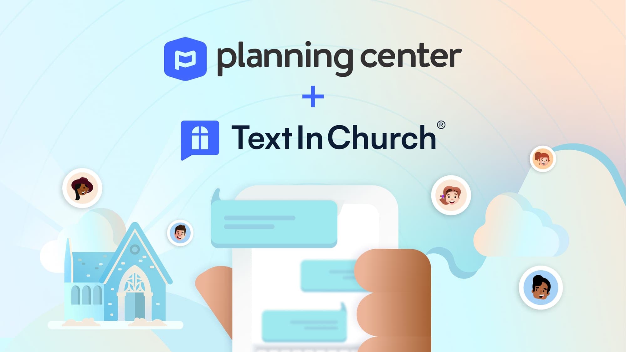 The Planning Center logo and Text In Church logo above a phone with conversation bubbles on the screen.