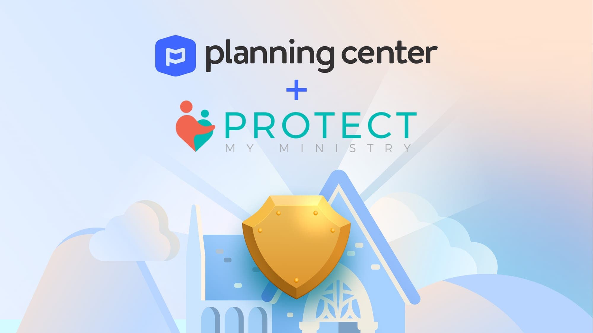 The Planning Center logo with the Protect My Ministry logo against the backdrop of a church building.