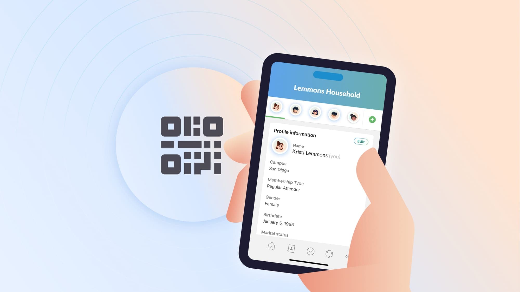 A hand holding a phone and scanning a QR code to pull up their Church Center profil
