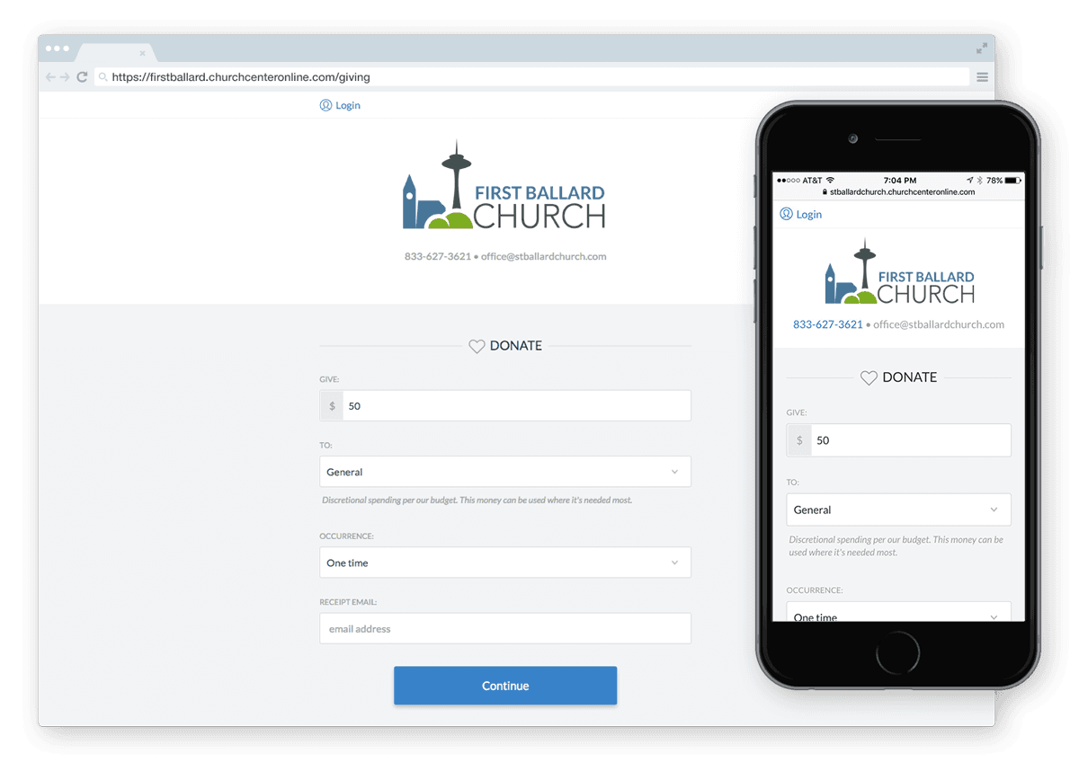 An iPhone next to a browser window both displaying the donation option on Church Center.