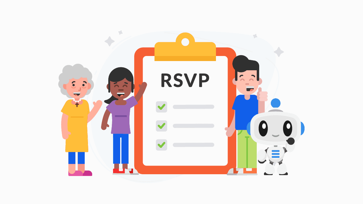 An illustration of three smiling people and one smiling robot standing around a clipboard with RSVPs on a piece of paper.