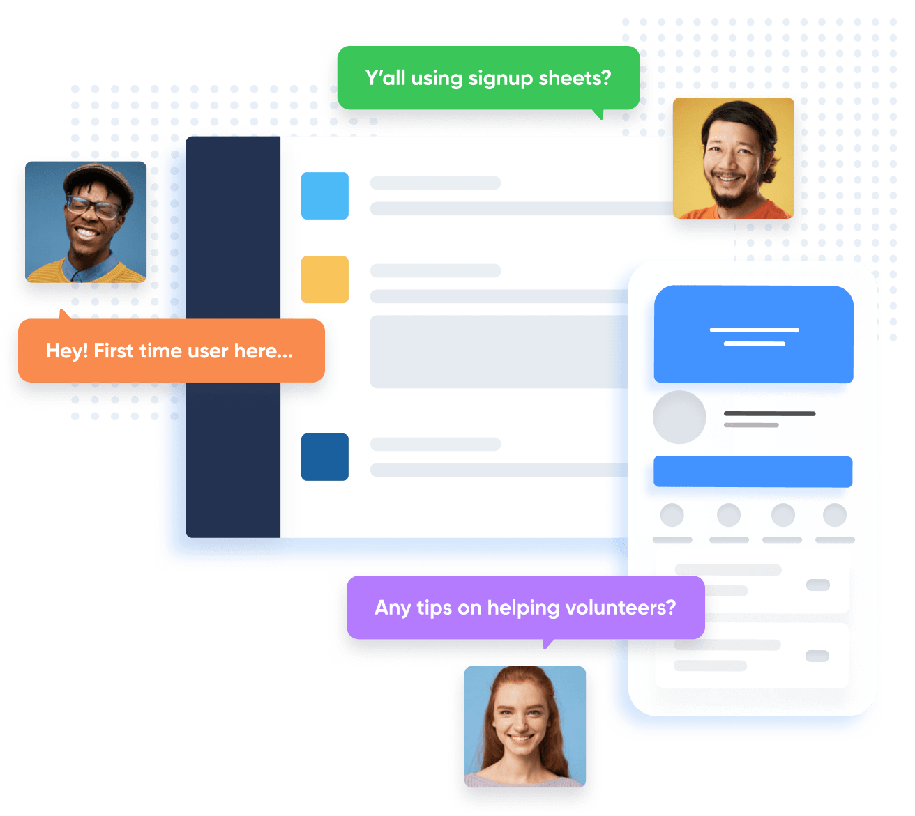Slack messaging window with three profiles pictures and conversation bubbles.