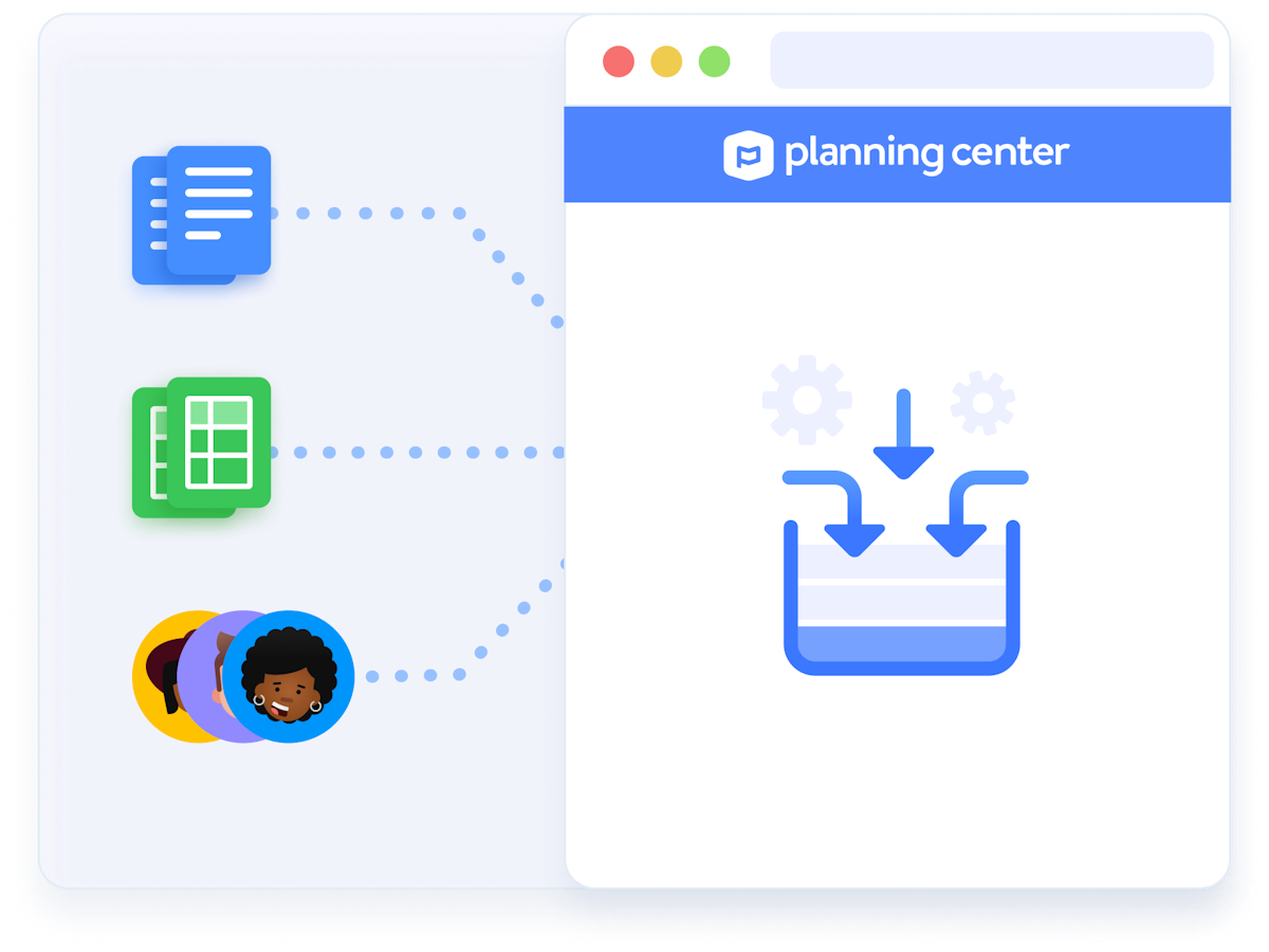 Browser window of Planning Center with different file types connected to it by dotted lines.