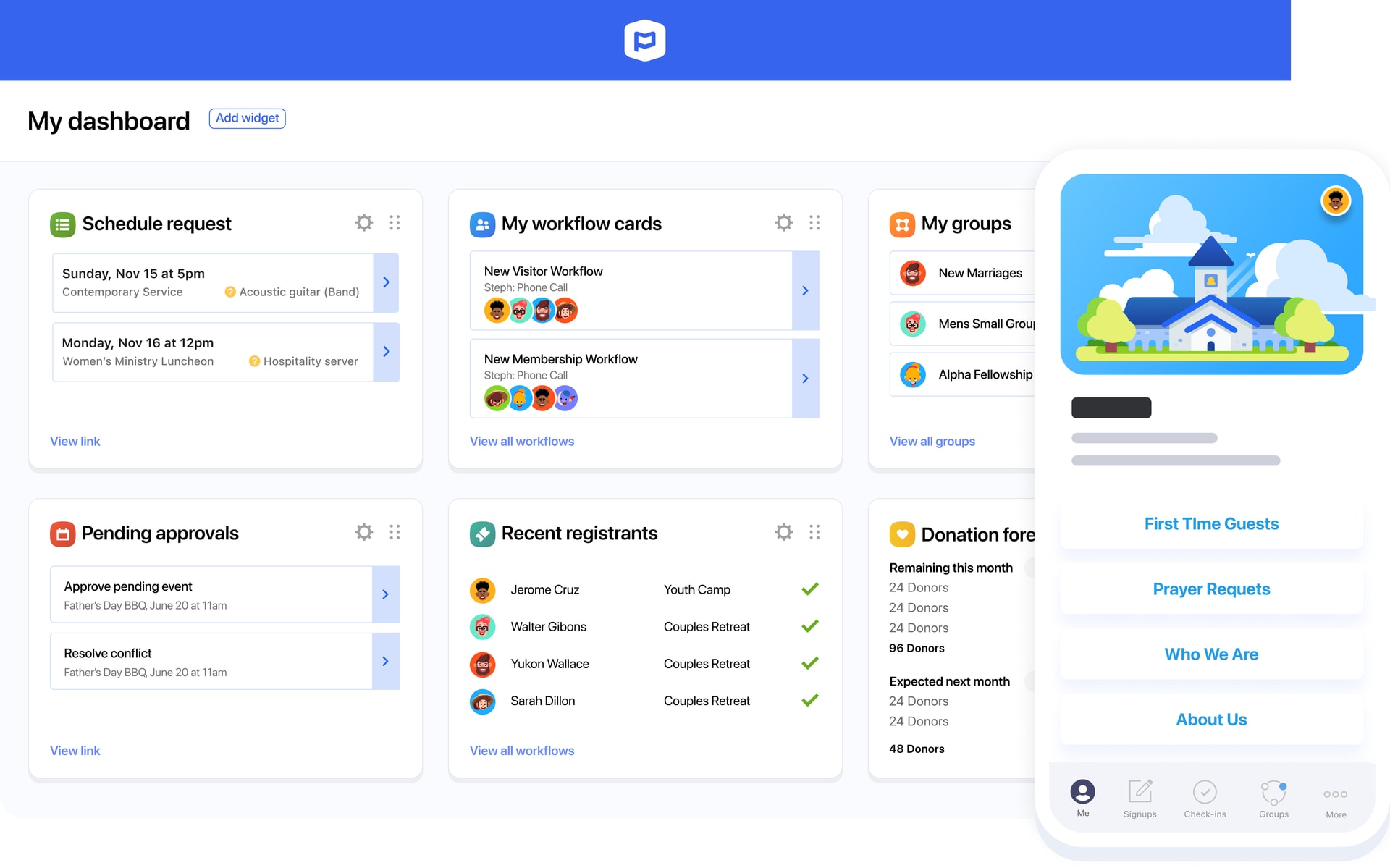 planning center dashboard ui