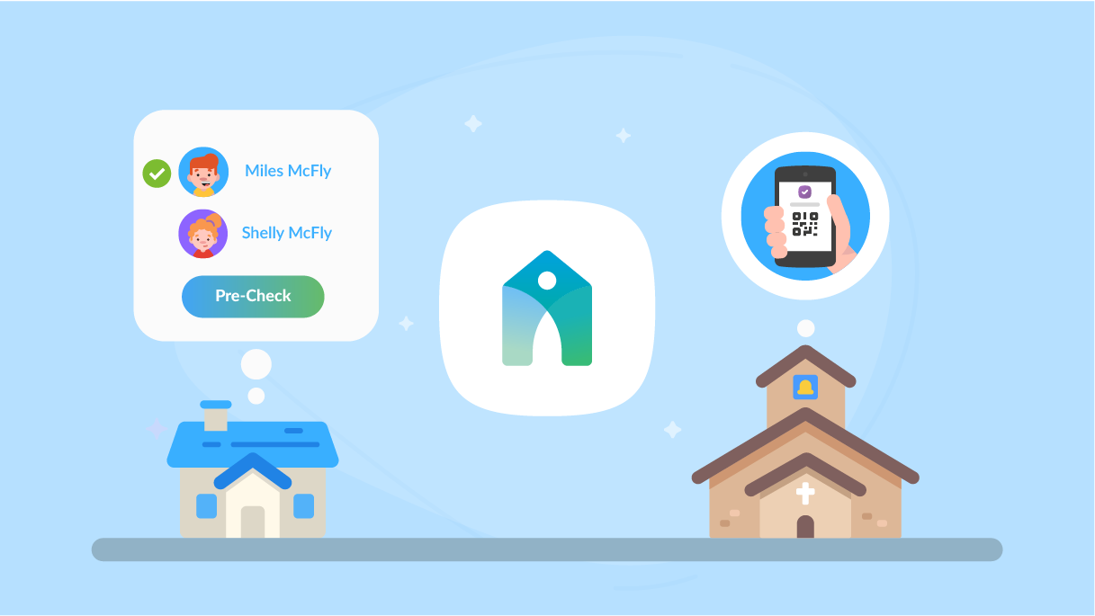 An illustrated home with a conversation bubble above showing the pre-checkin of two kids.