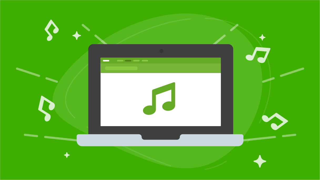 An open laptop against a green background displaying a green slanted beamed eighth note.