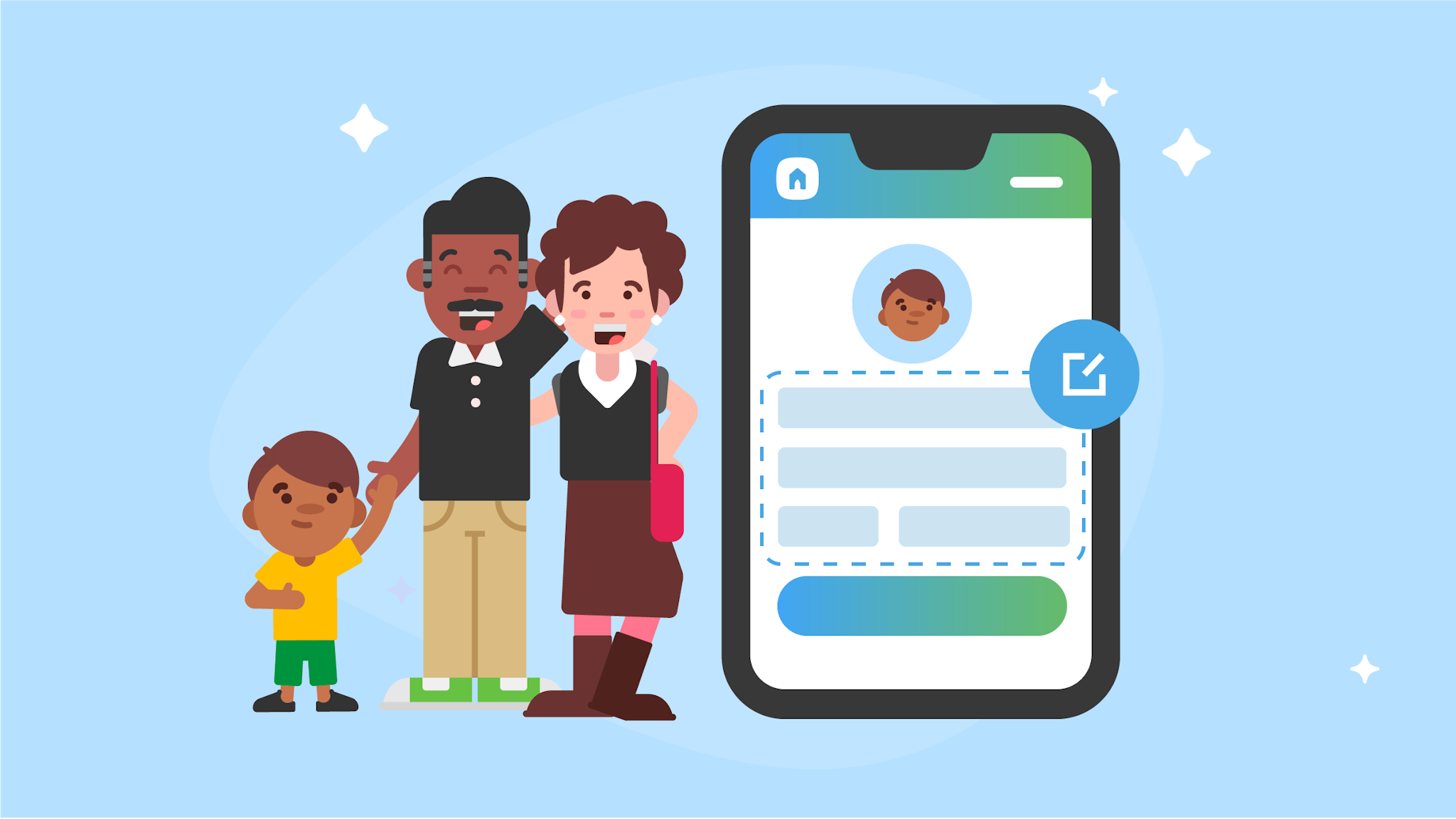An illustration of a happy family of three, next to a mobile phone illustration showing an editable profile.