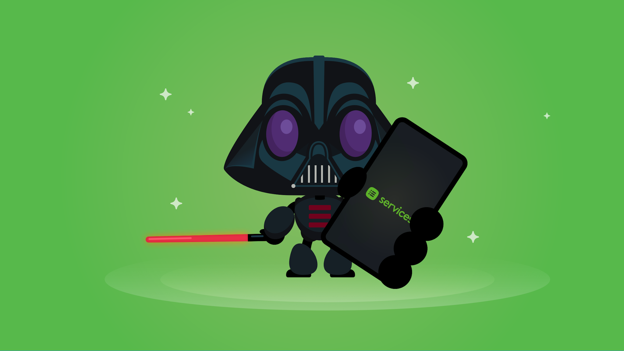 An illustrated Darth Vader Pico holding a phone with the Services logo.