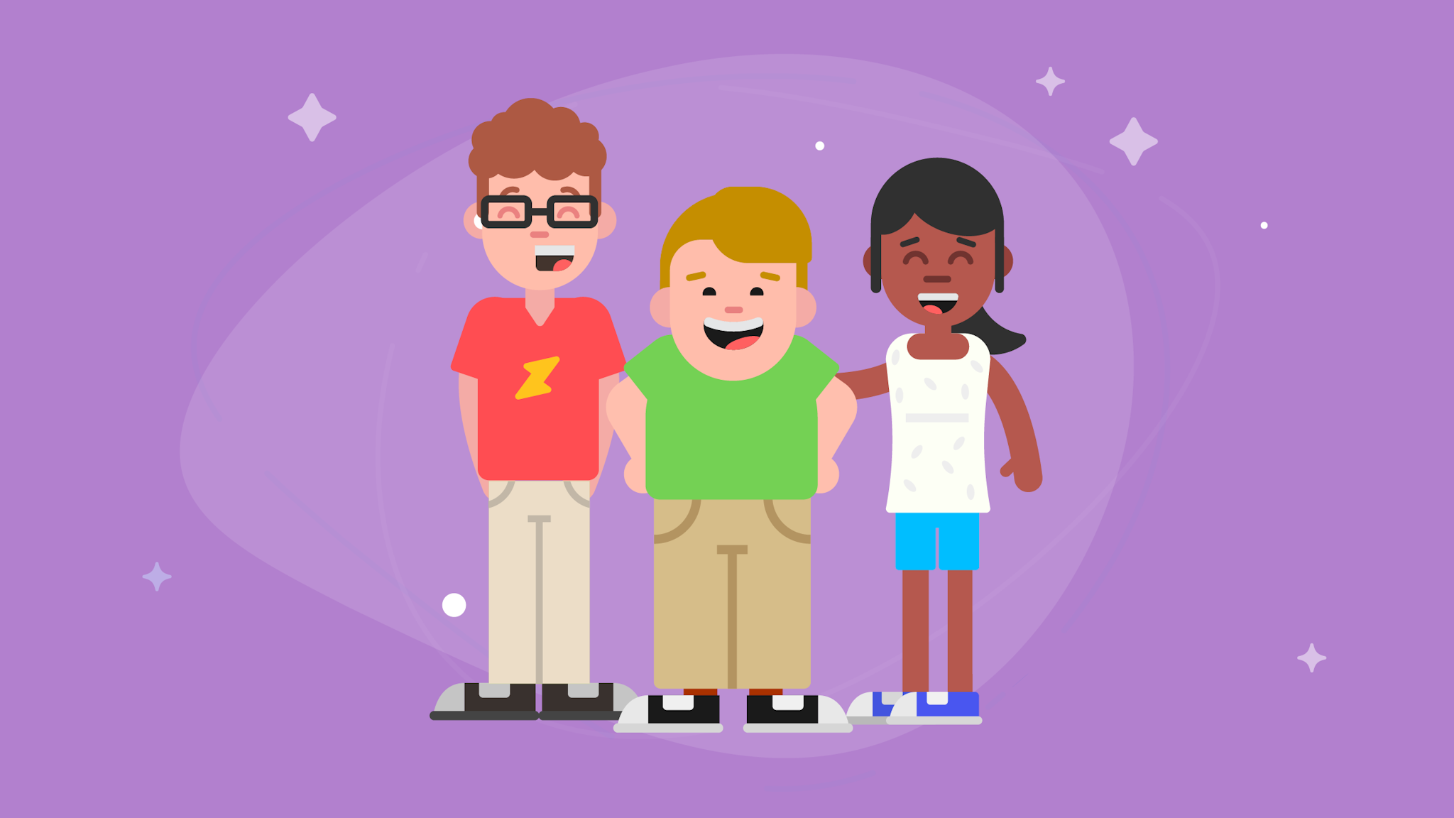 Three students standing side-by-side smiling against a purple background.