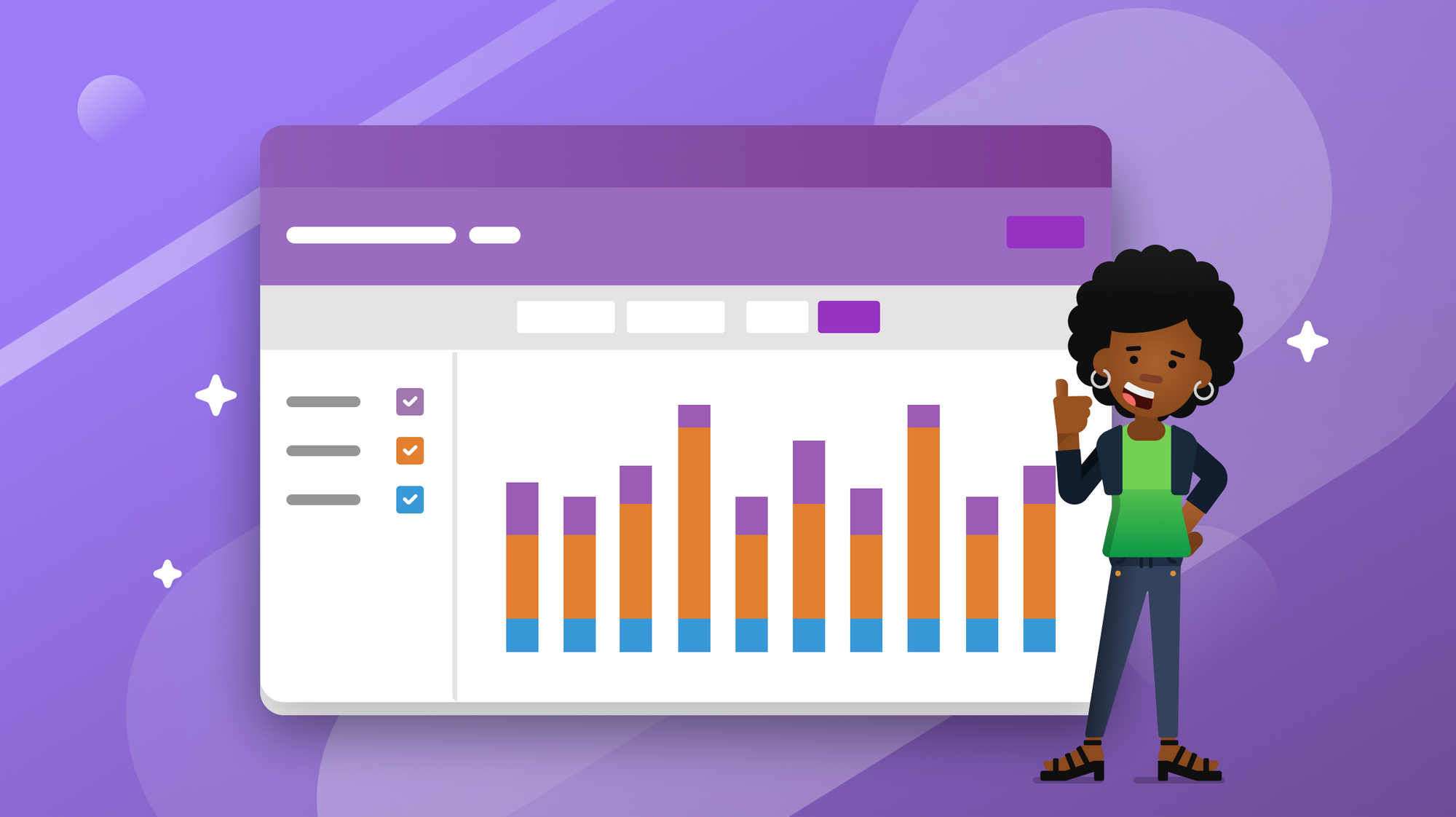 An illustrated woman giving a thumbs up standing next to a dashboard with a bar graph.