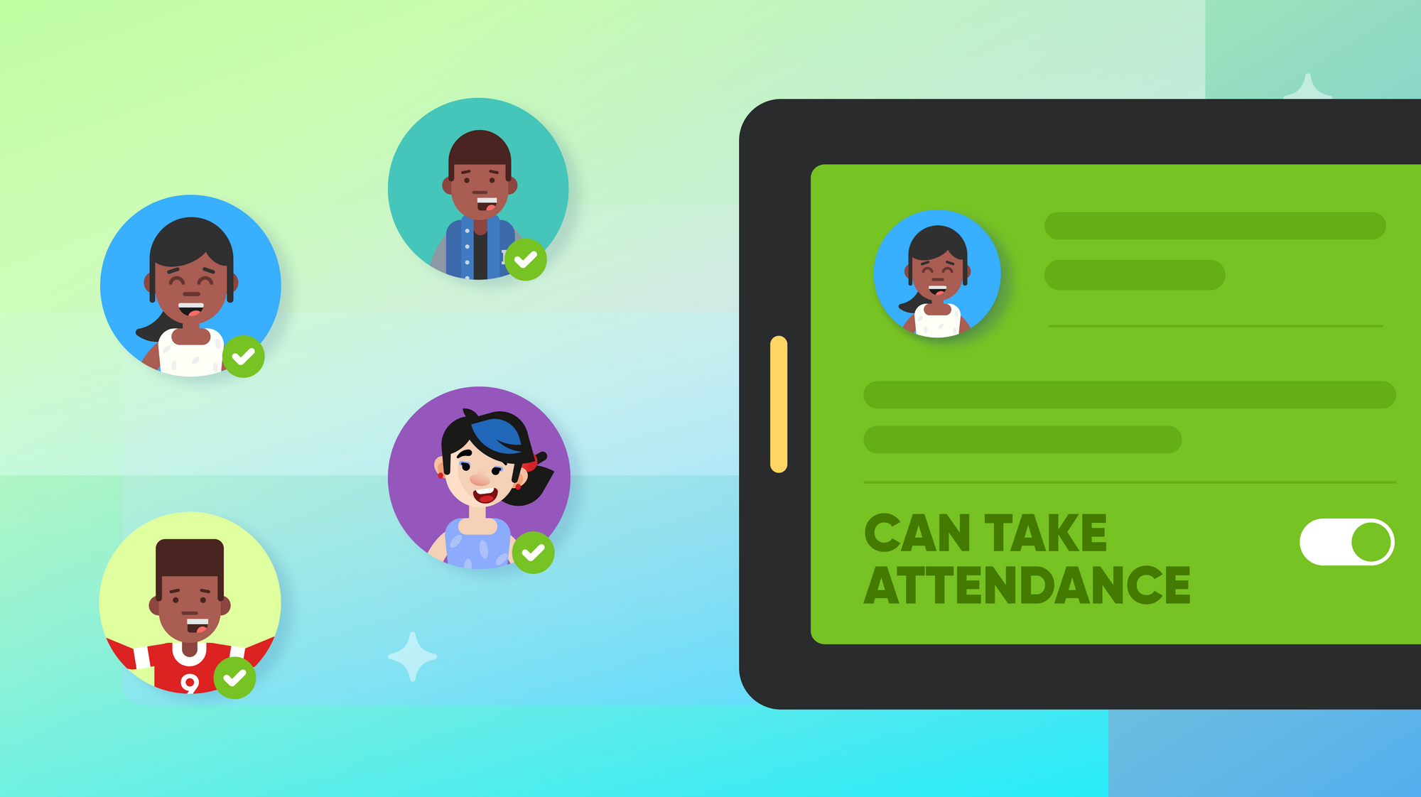 An iPad with a person's profile and a toggle enabling them to take attendance.