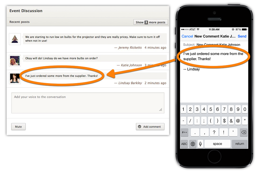 An iPhone displaying a message on screen and that message showing up in an event discussion window.