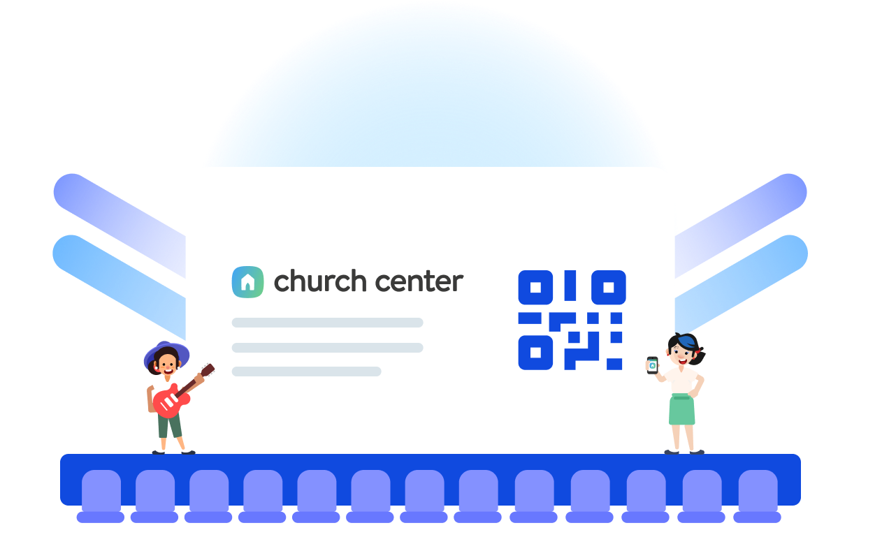 Illustration of stage with planning center qr code for church center download.