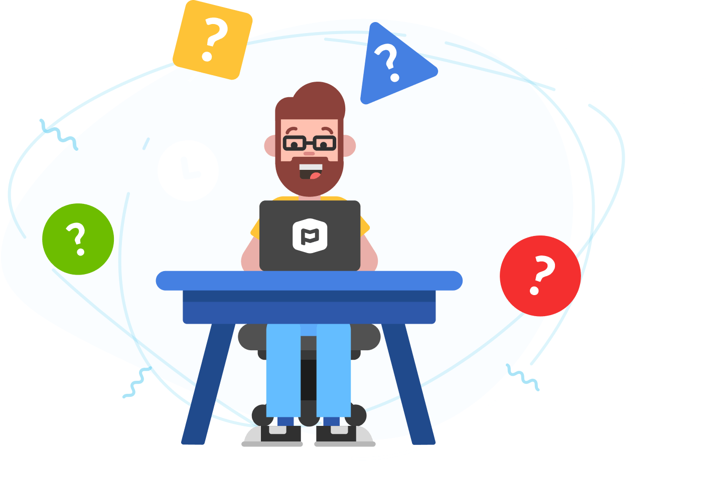 A bearded man with glasses sitting at a desk typing on a laptop with question marks floating above him.