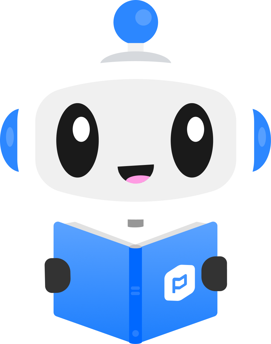 Cartoon robot smiling while reading a book.