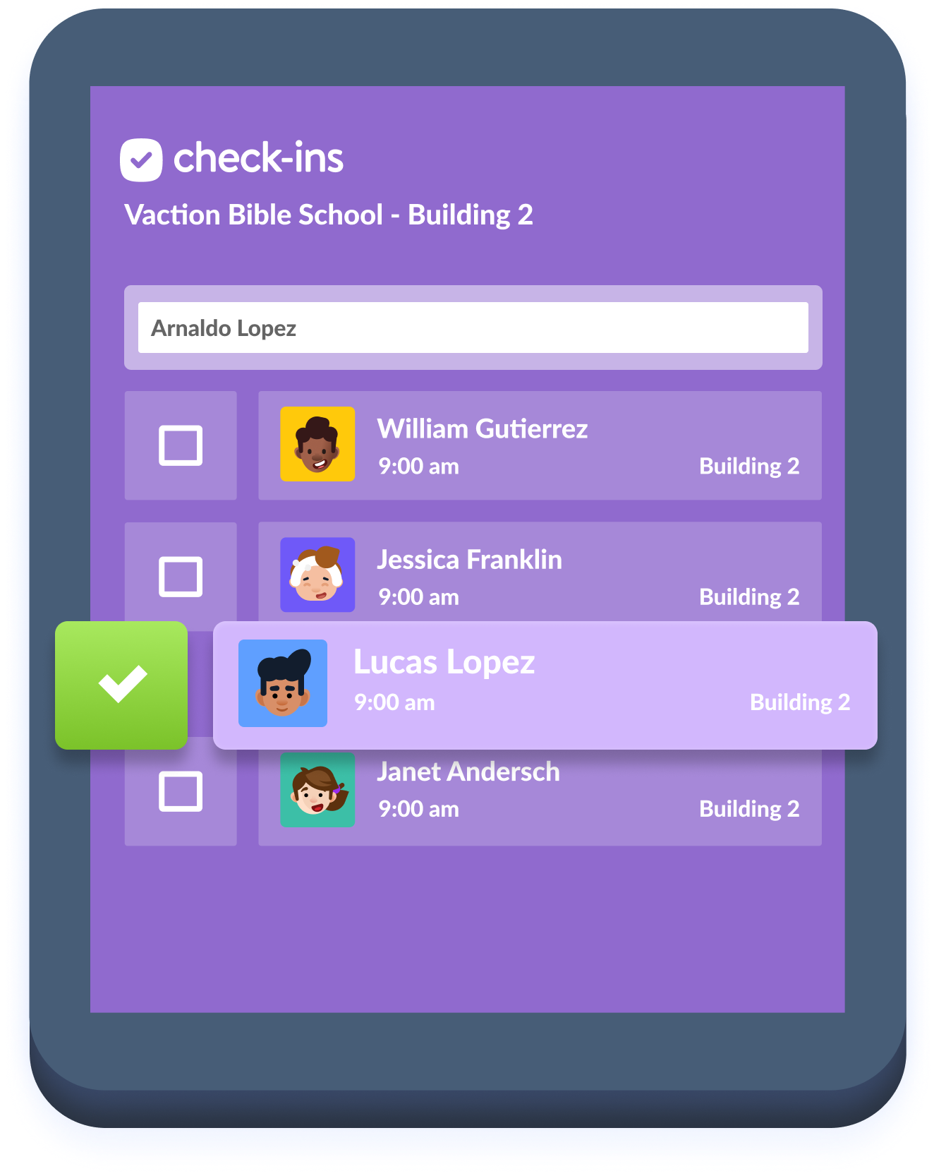 Illustration of simple interface of Planning Center Check-ins of a check-in station